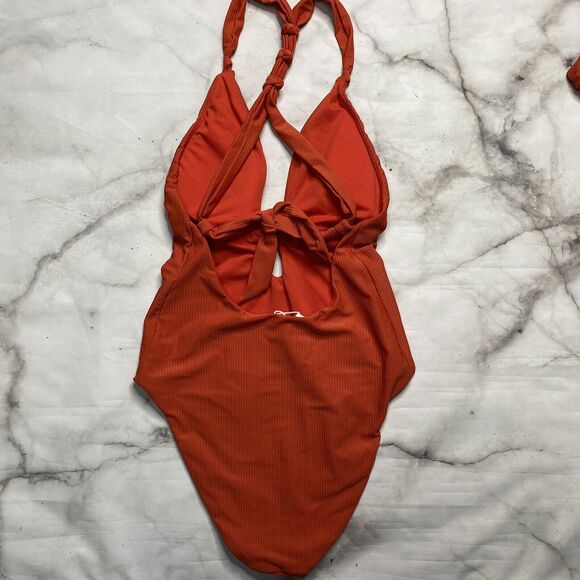 Bar III Like Knot One-Piece Swimsuit L Cinnamon Burnt Orange Ribbed Halter New - Picture 4 of 6